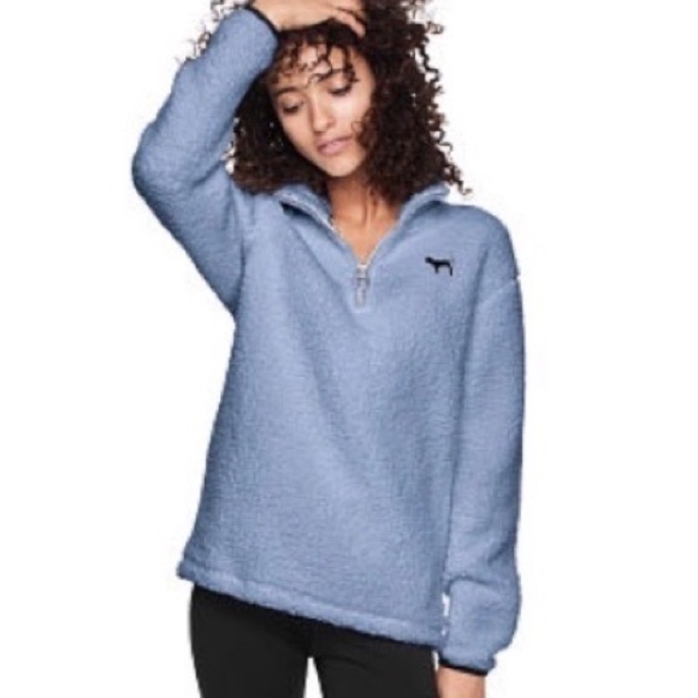 VS Pink Sherpa Dog Logo Quarter Zip Periwinkle Blue Purple